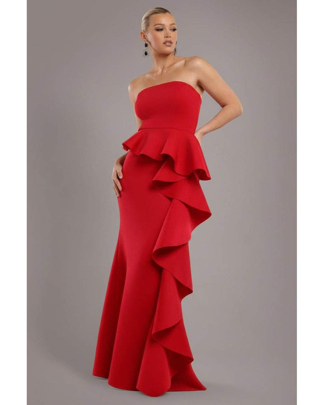 Goddiva Red Boobtube Peplum Waterfall Frill Maxi Dress