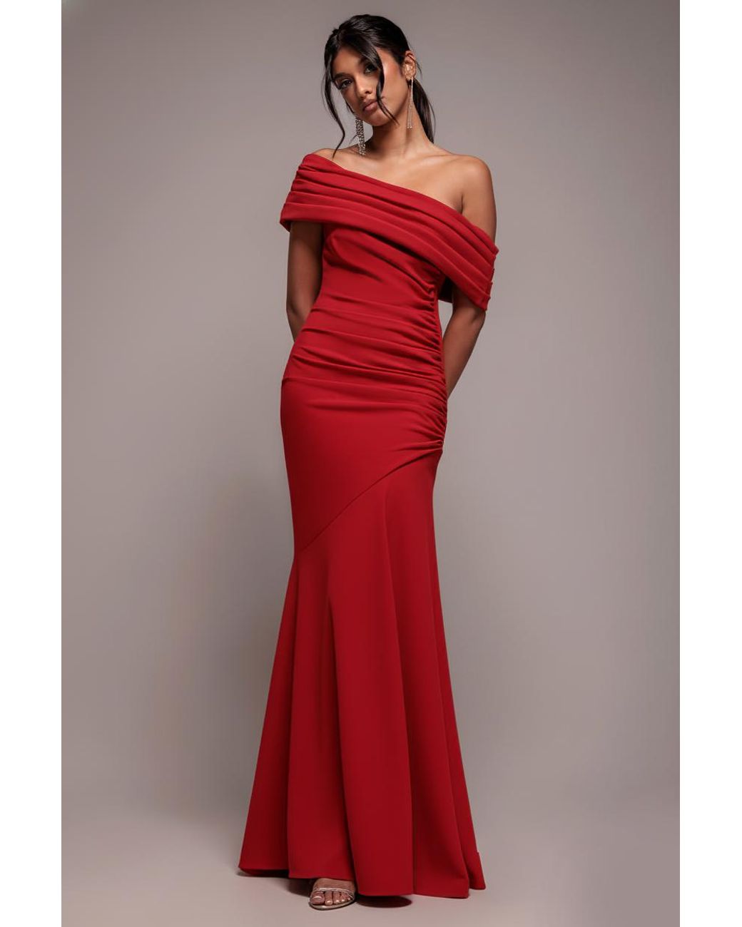 Goddiva Red Pleated One Shoulder Bardot Fit And Flare Maxi Dress