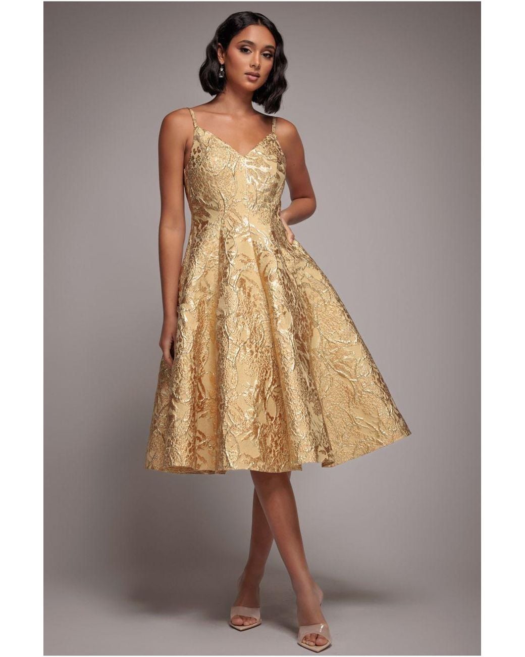 Goddiva Brown Jacquard Sleeveless A-Line Midi Dress