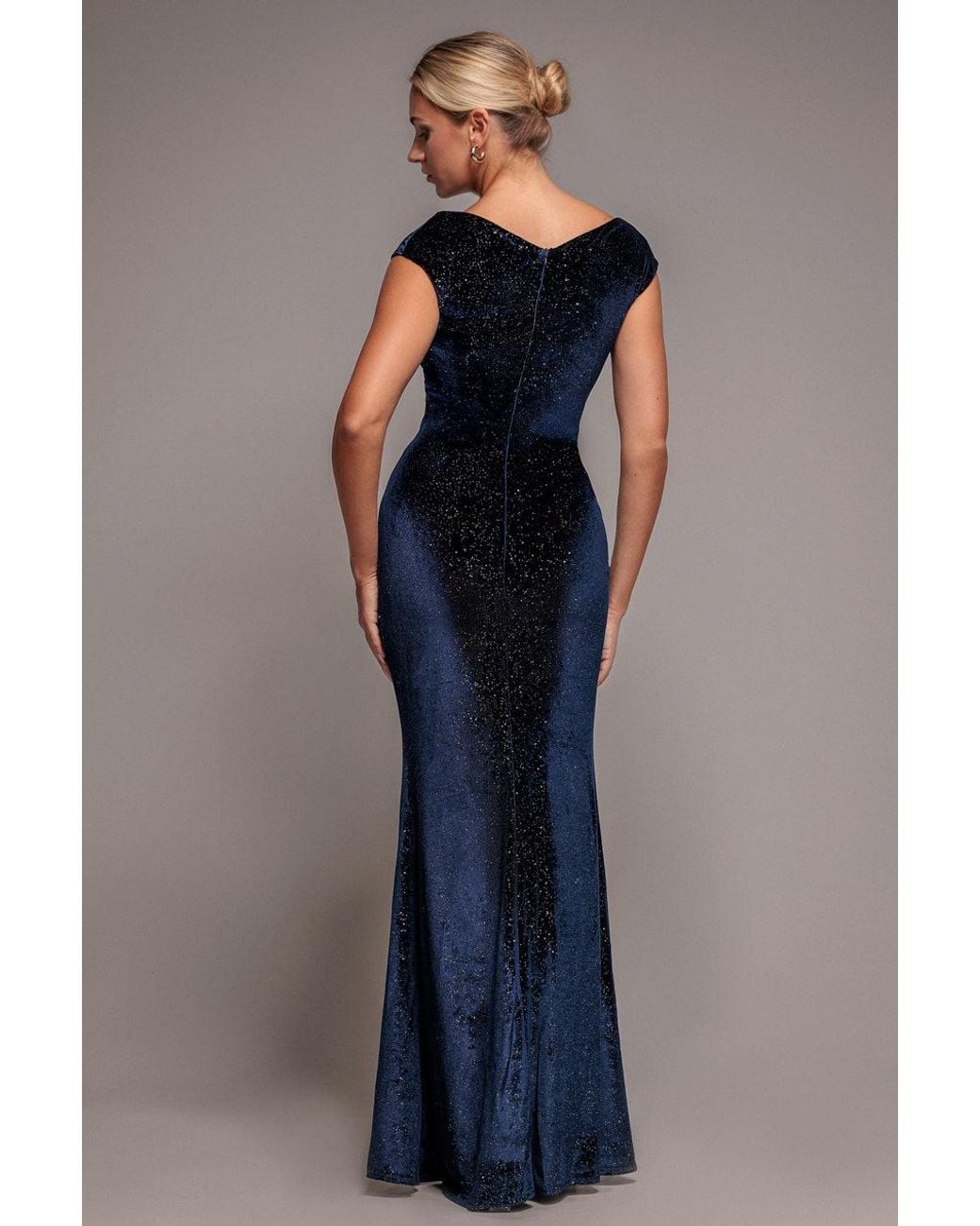 Goddiva Blue Shimmer Velvet Bardot Maxi Dress