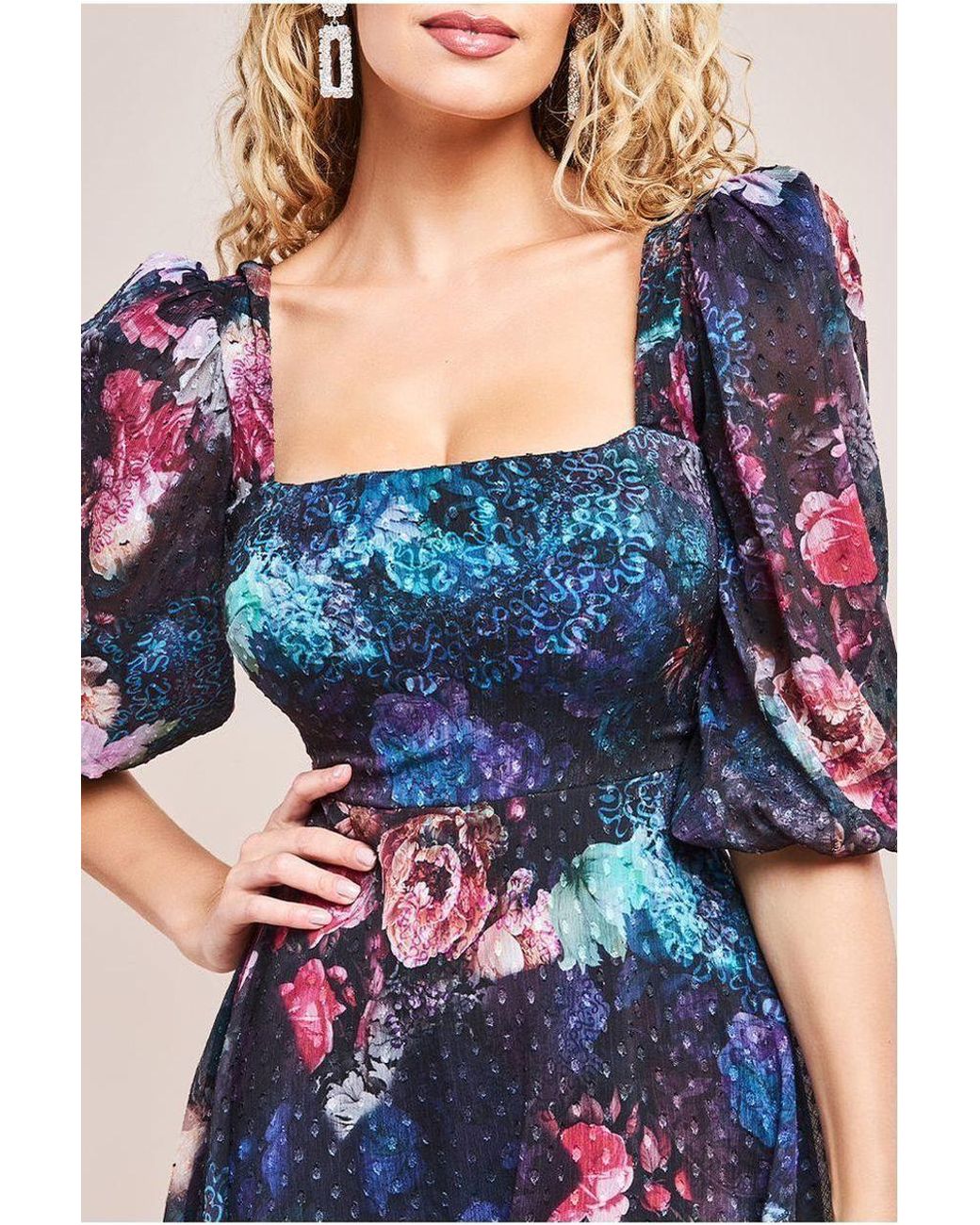 Goddiva Blue Puff Sleeve Shirred Back Midi Dress
