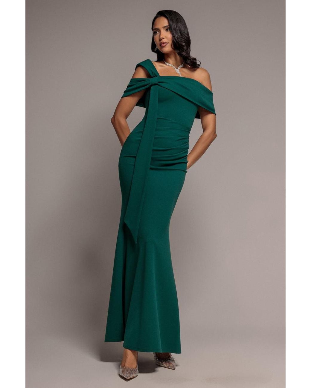 Goddiva Green One Shoulder Twisted Bardot Asymmetric Mermaid Maxi Dress