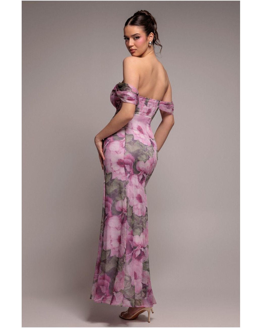 Goddiva Pink Cowl Neck Floral Print Jacquard Chiffon Maxi Dress