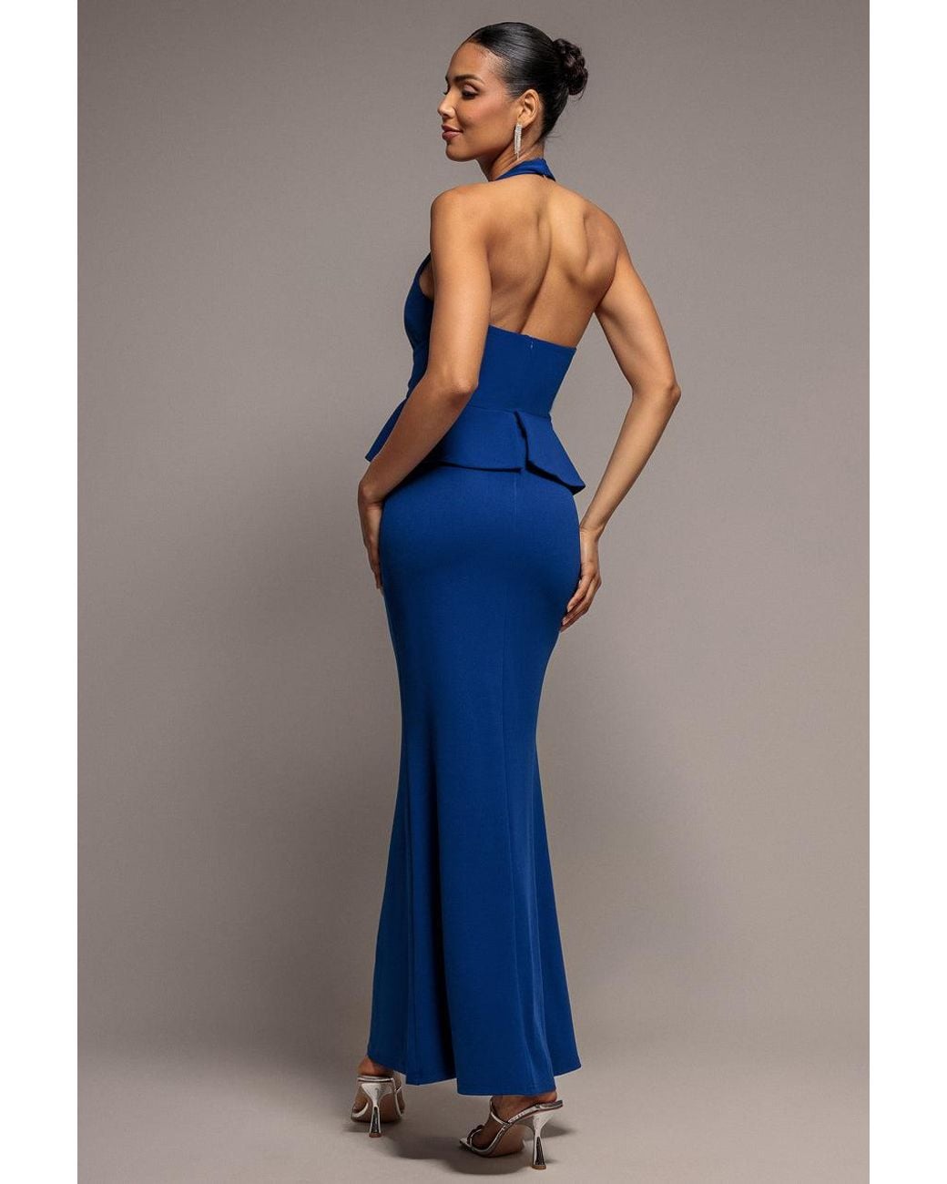 Goddiva Blue Peplum Halter Neck Maxi Dress With Diamante Buckle