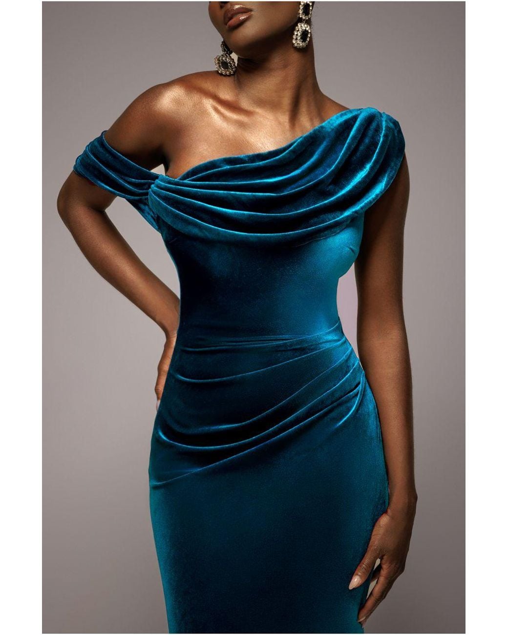 Goddiva Blue Cowl One Shoulder Velvet Maxi Dress