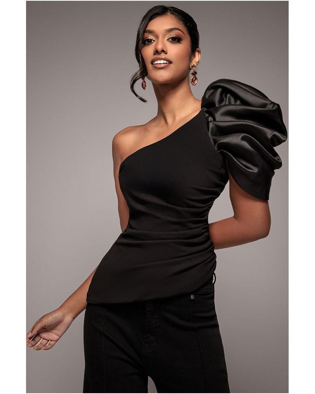 Goddiva Gray One Shoulder Puffed Satin Sleeve Asymmetric Scuba Top