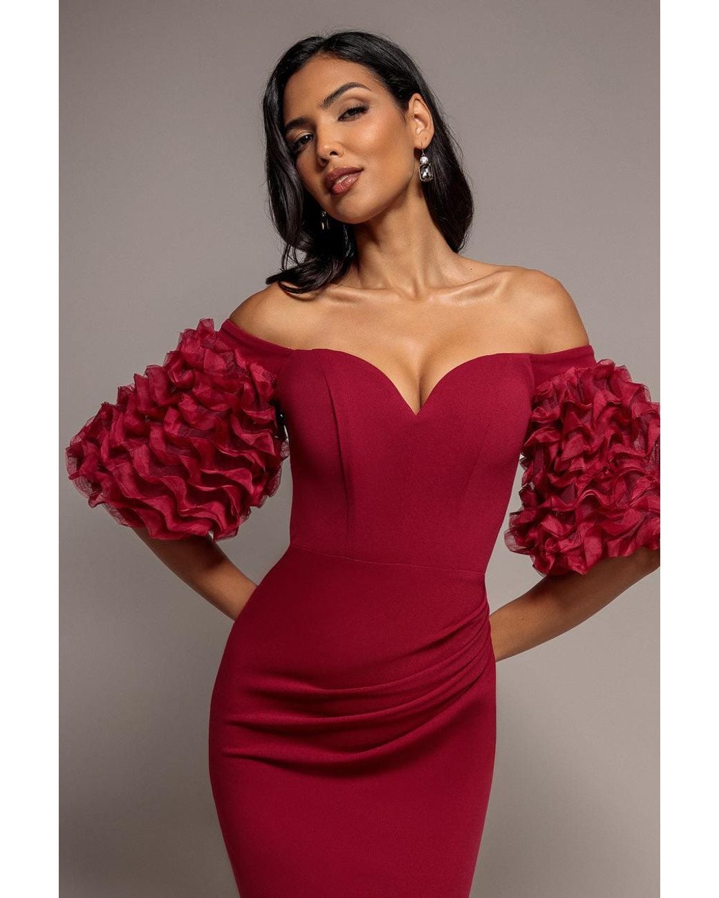 Goddiva Pink Off The Shoulder 3D Puffed Sleeve Sweetheart Maxi Dress