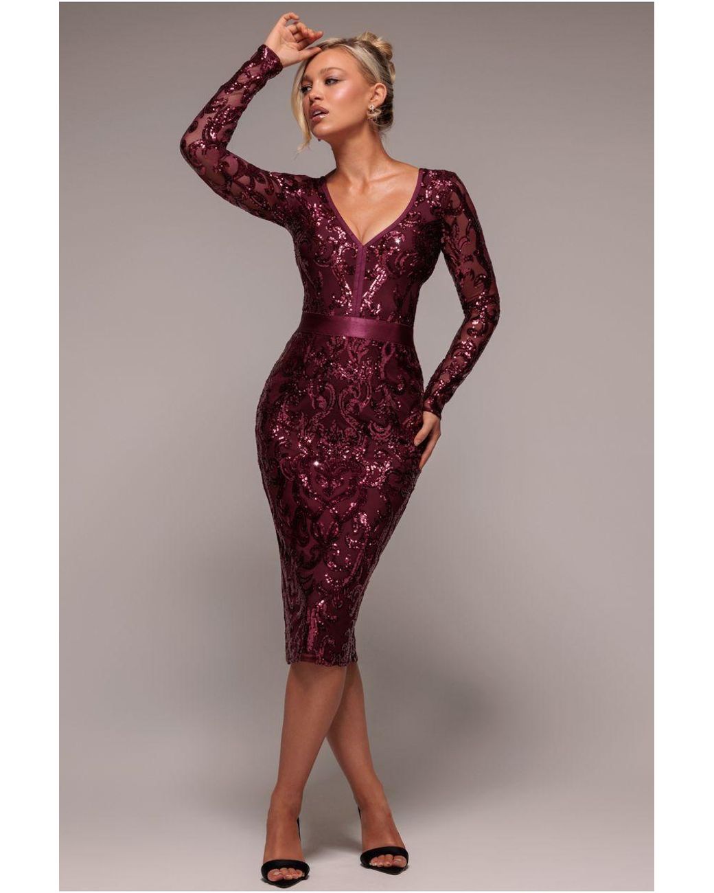 Goddiva Red Sequin & Mesh Midi Dress