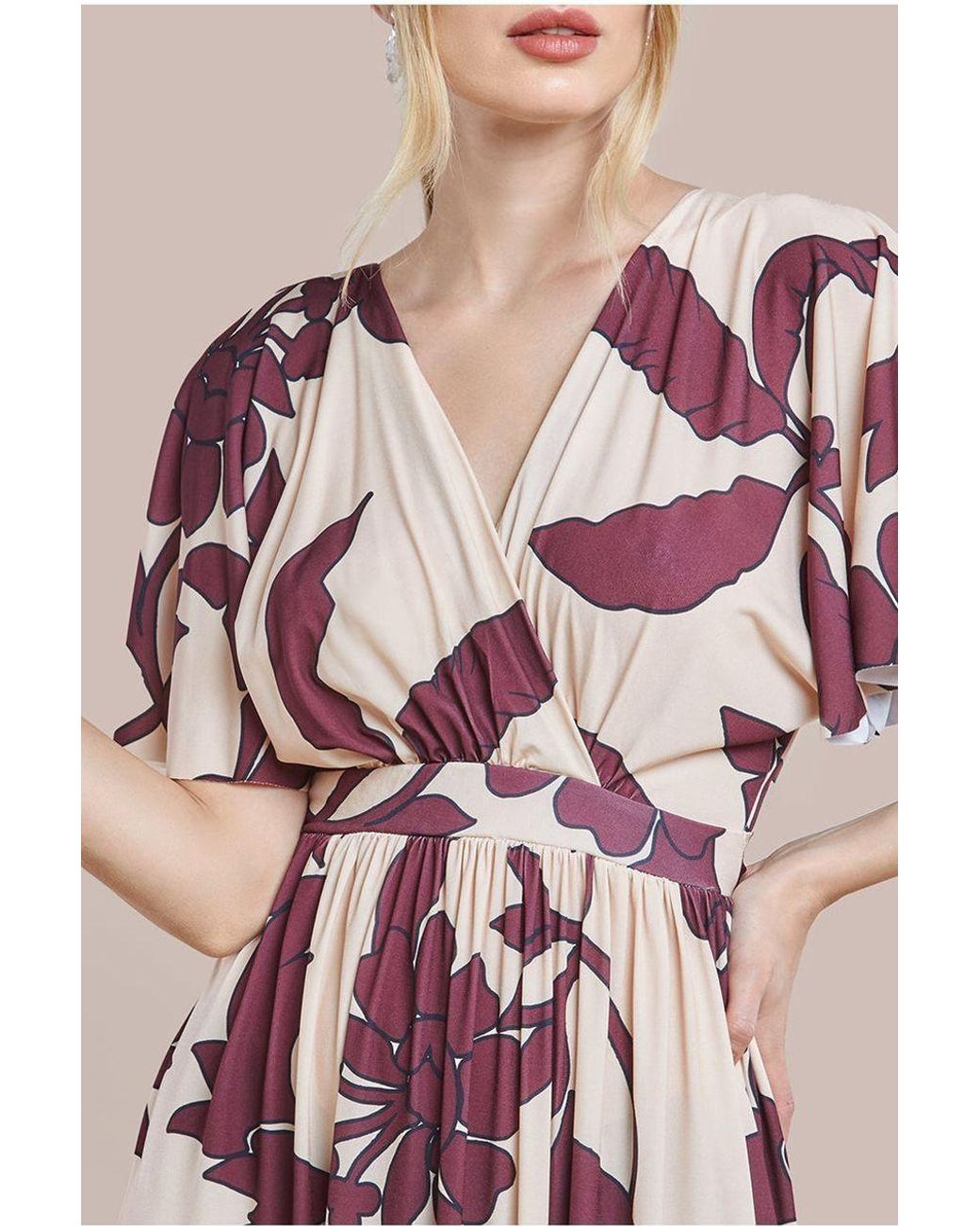 Goddiva Pink Leaf Print Flutter Sleeve Maxi Dress