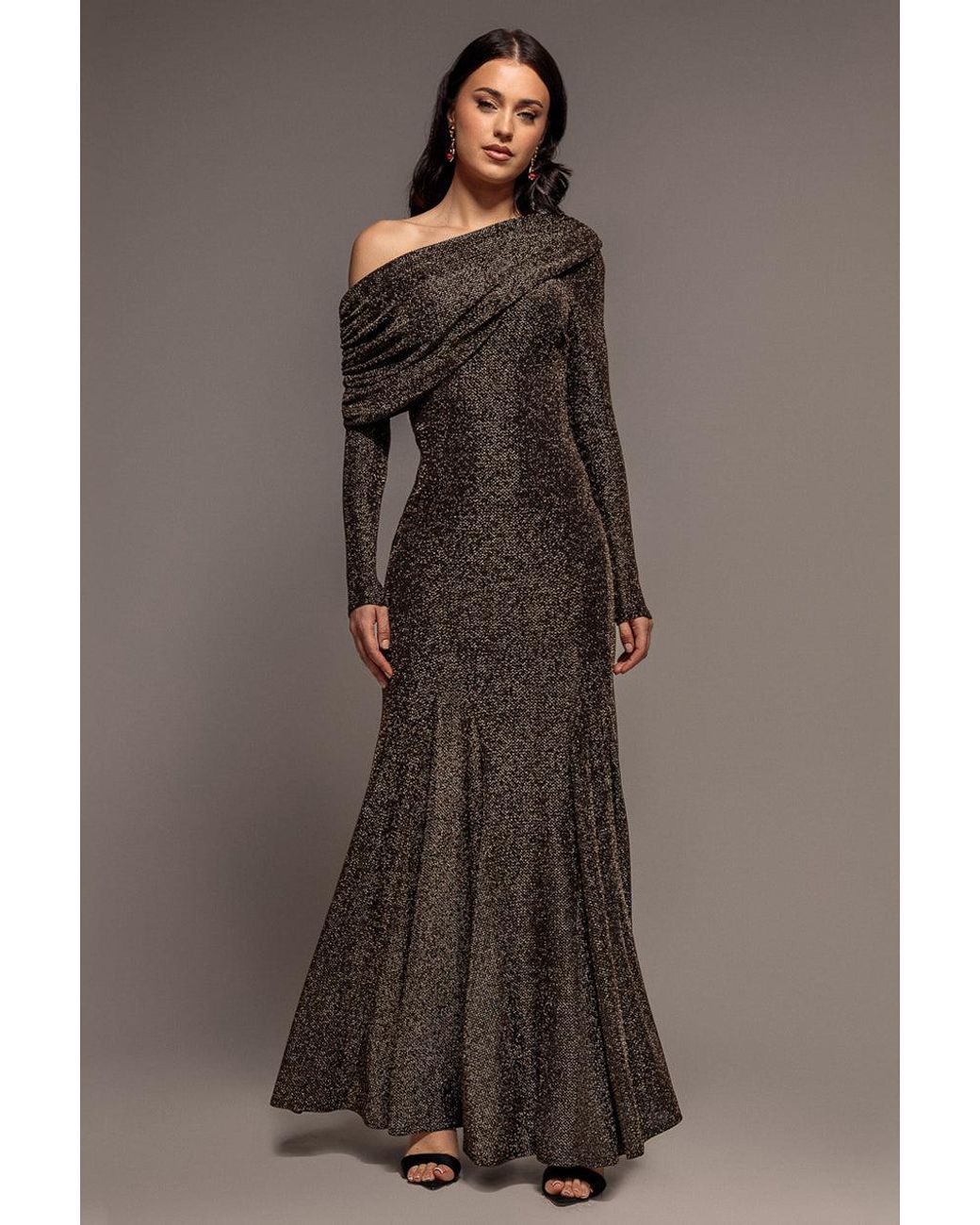 Goddiva Brown Off Shoulder Gathered Bardot Asymmetric Lurex Maxi Dress