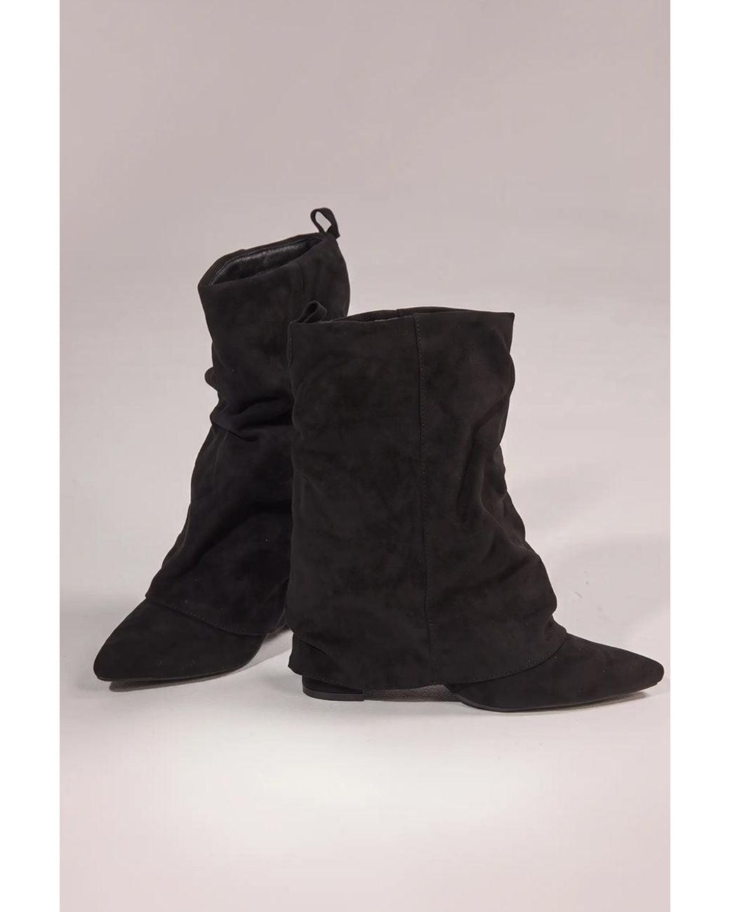 Goddiva Black Mid Calf Slouchy Low Block Heel Boots