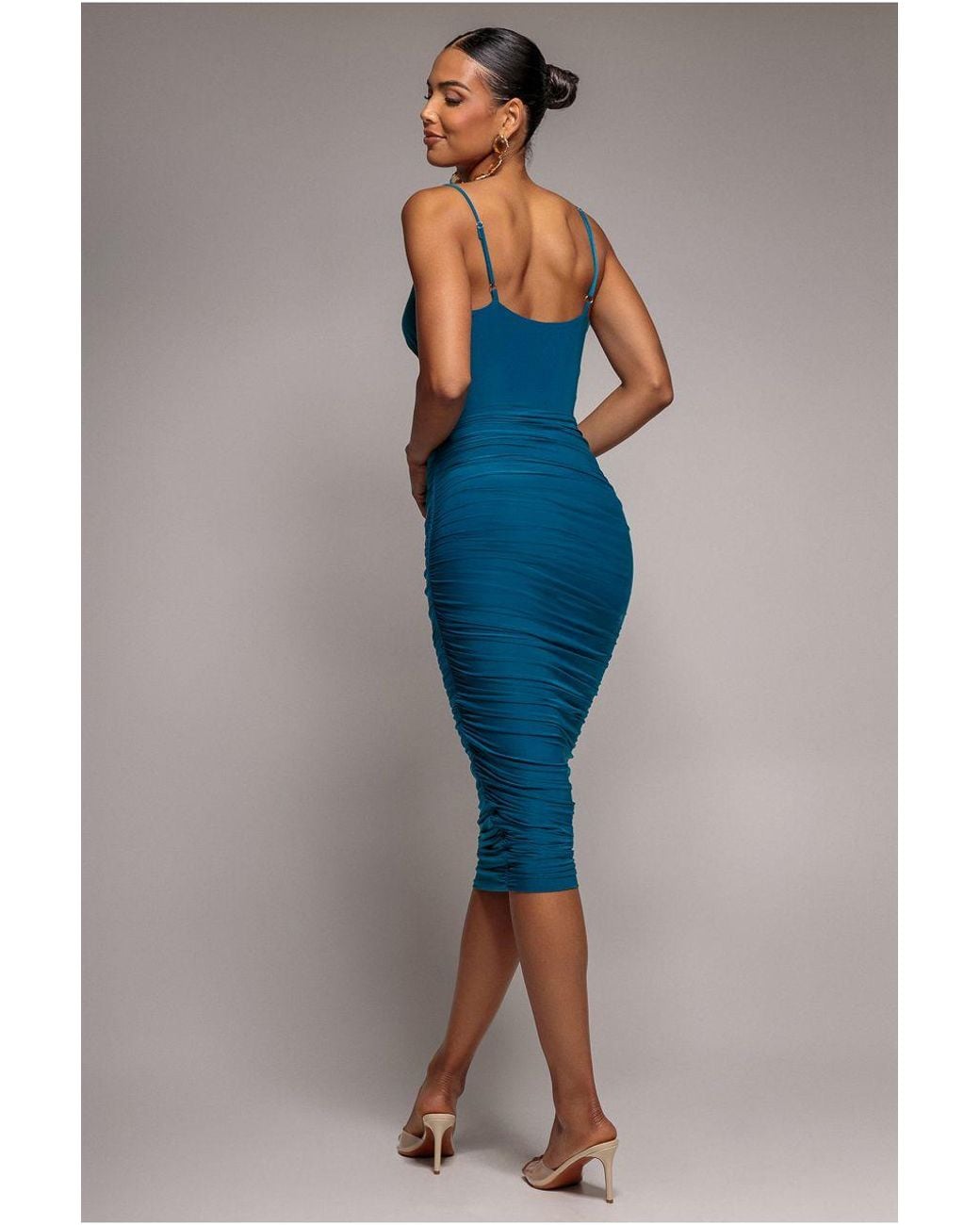 Goddiva Blue Cut Out Ruched Midi With Drawstring