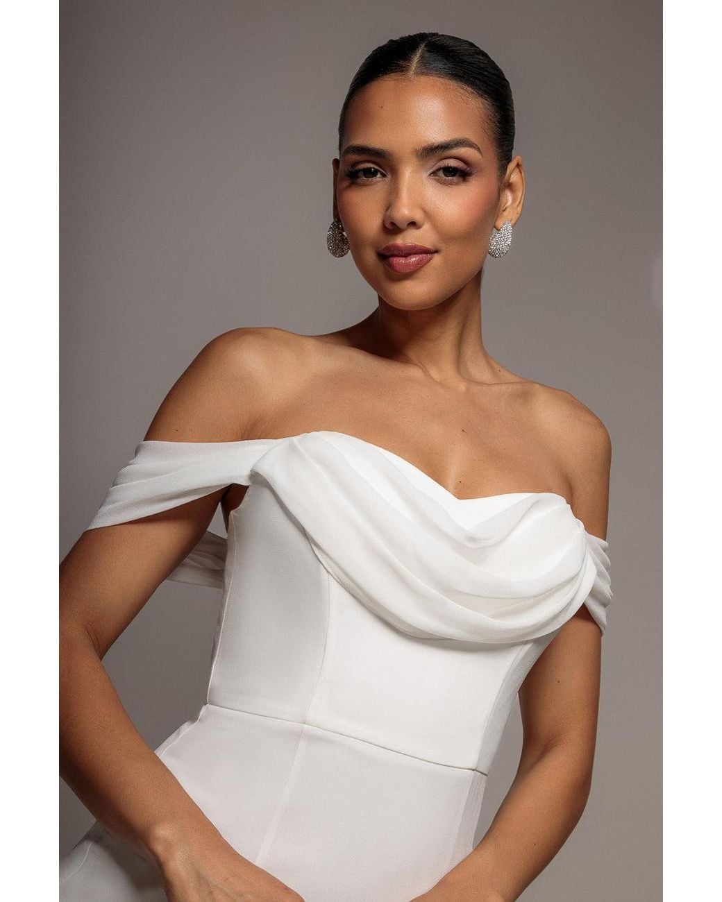 Goddiva Gray Chiffon Bardot Cowl Neck Maxi Dress