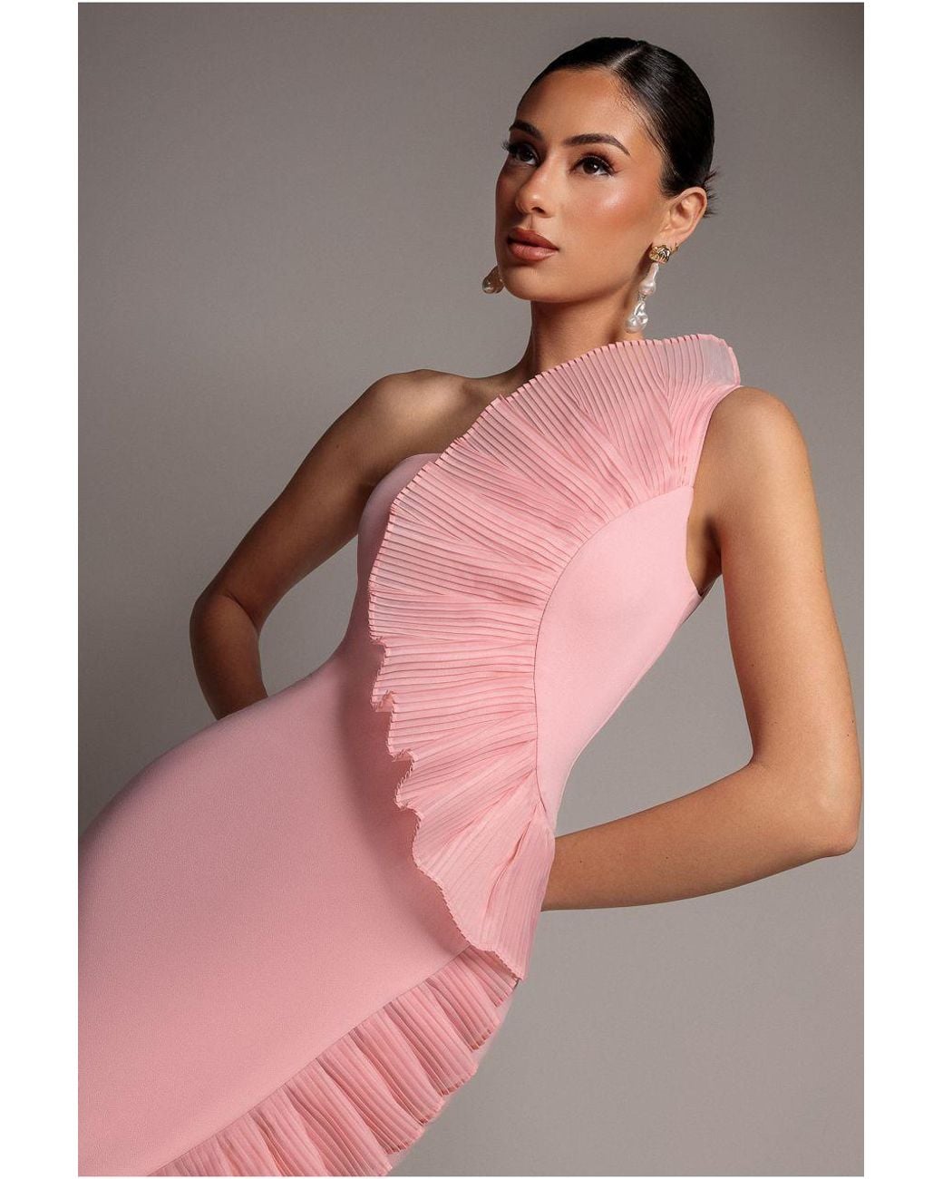 Goddiva Pink One Shoulder Pleated Fan Midi Dress