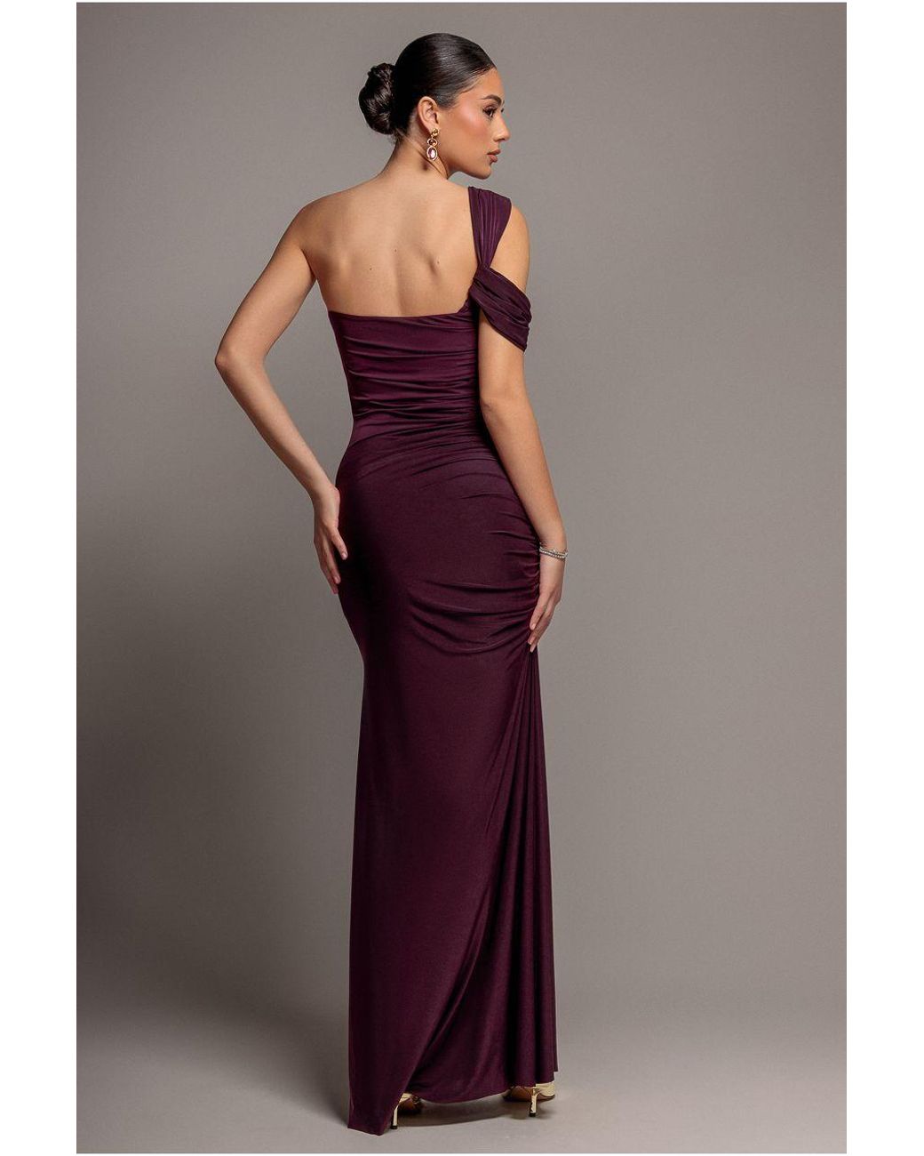 Goddiva Brown One Shoulder Asymmetric Twist Maxi Dress