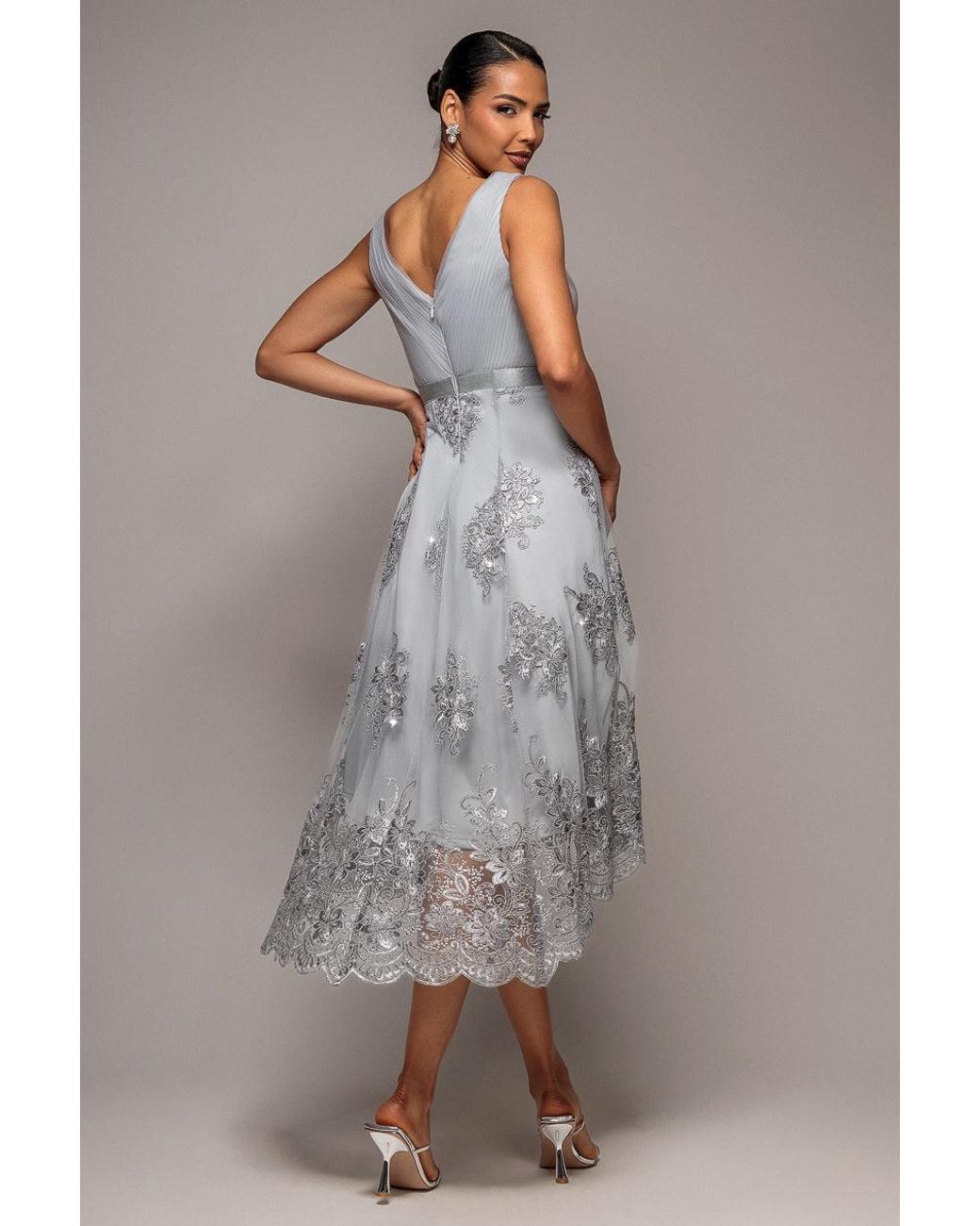 Goddiva Gray Pleated Satin Bodice High And Low Dress