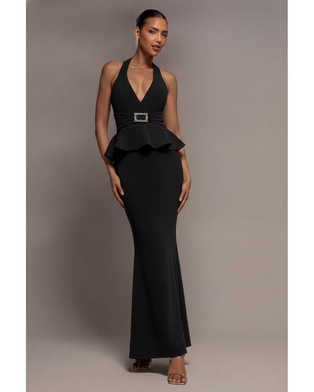 Goddiva Black Peplum Halter Neck Maxi Dress With Diamante Buckle