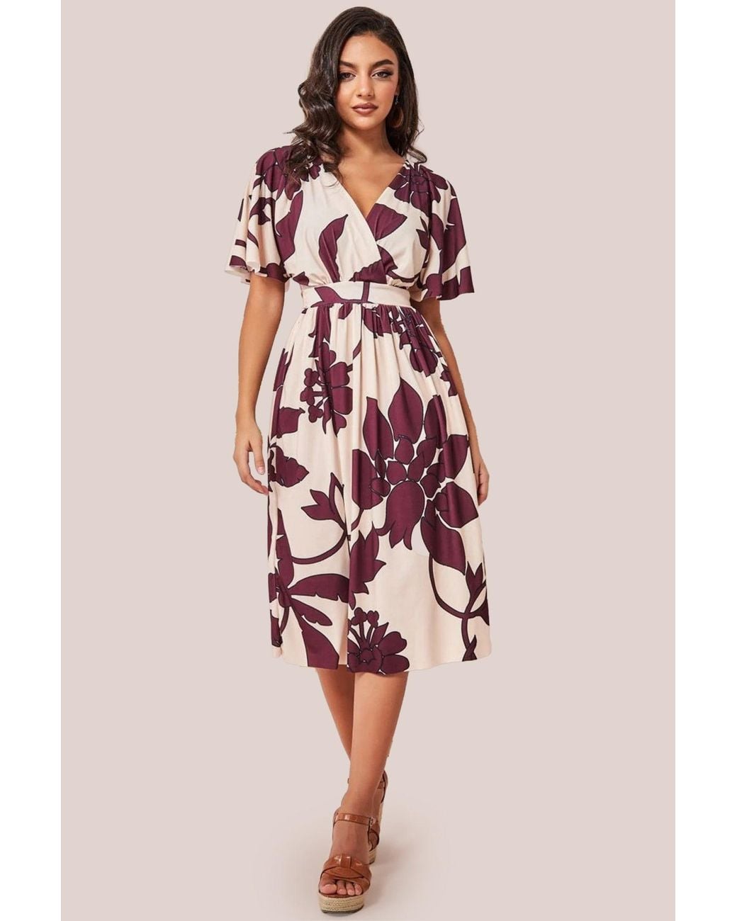 Goddiva Pink Leaf Print Flutter Sleeve Midi