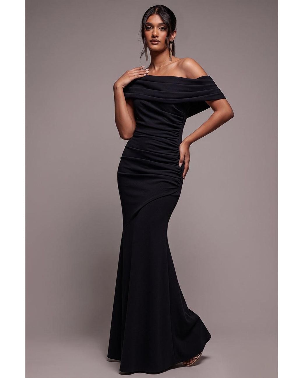 Goddiva Blue Pleated One Shoulder Bardot Fit And Flare Maxi Dress