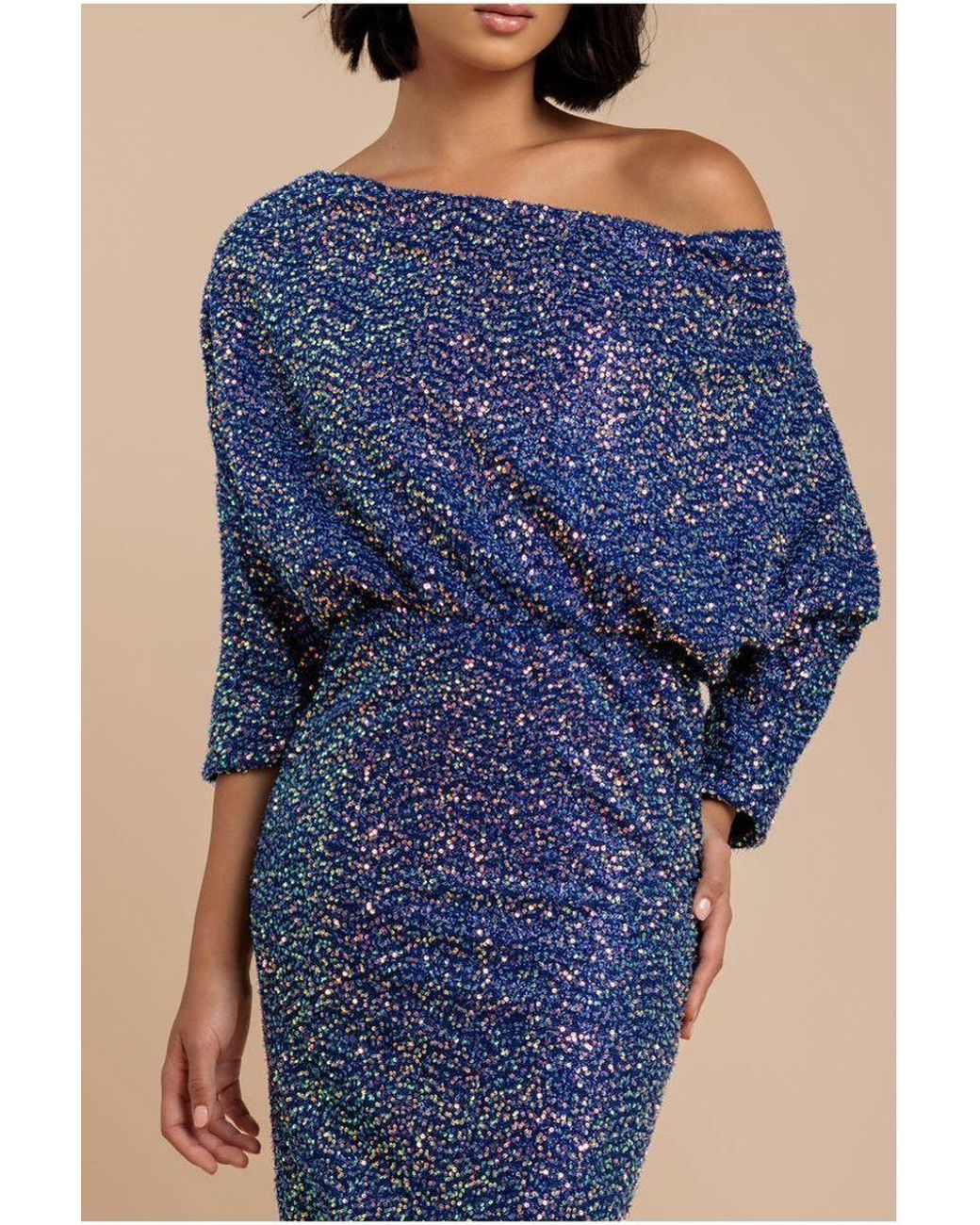 Goddiva Blue Sequin Cowl Neck Midi Dress