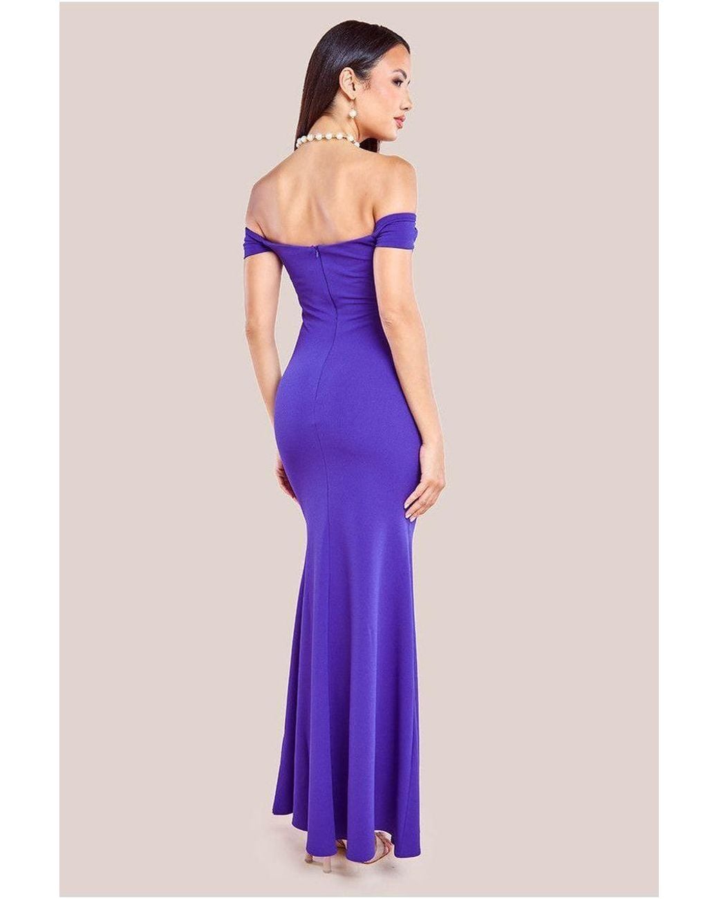 Goddiva Purple Pleated Bardot Scuba Maxi Dress