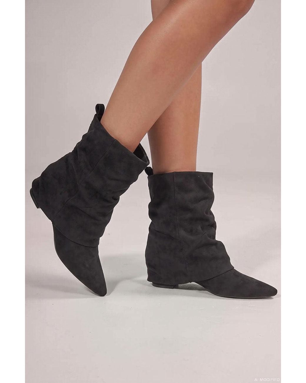 Goddiva Black Mid Calf Slouchy Low Block Heel Boots