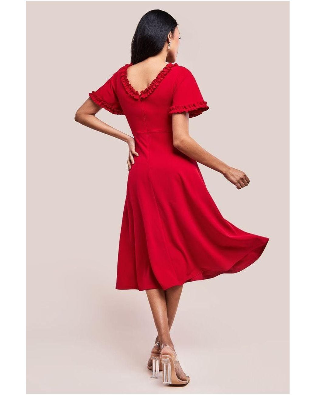 Goddiva Red Flare Sleeve Frill Edge Midi Dress