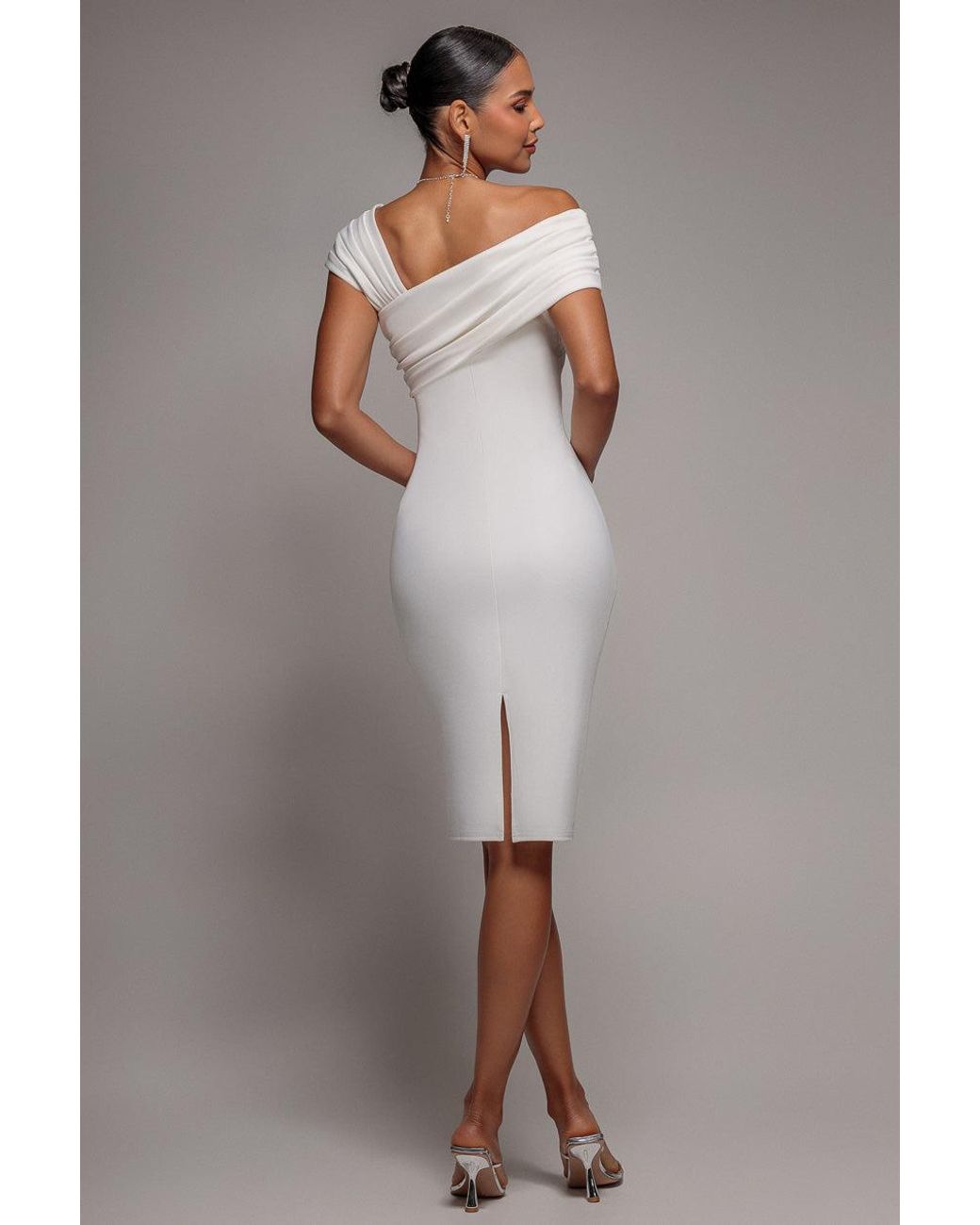 Goddiva Gray Scuba Crepe Pleated Drop Shoulder Midi Dress