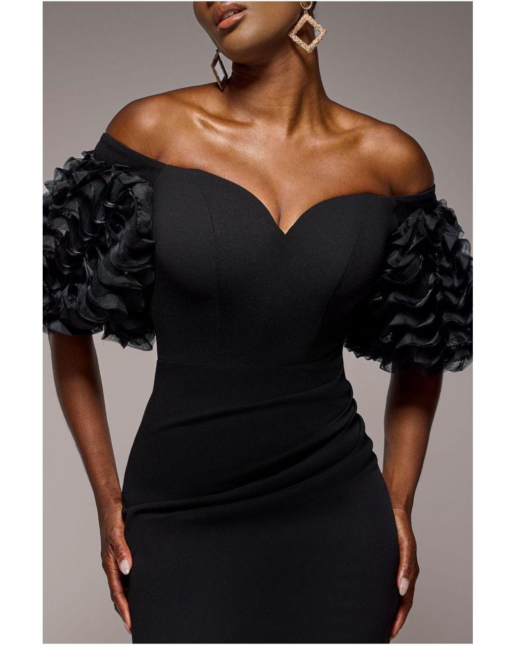 Goddiva Black Off The Shoulder 3D Puffed Sleeve Sweetheart Maxi Dress