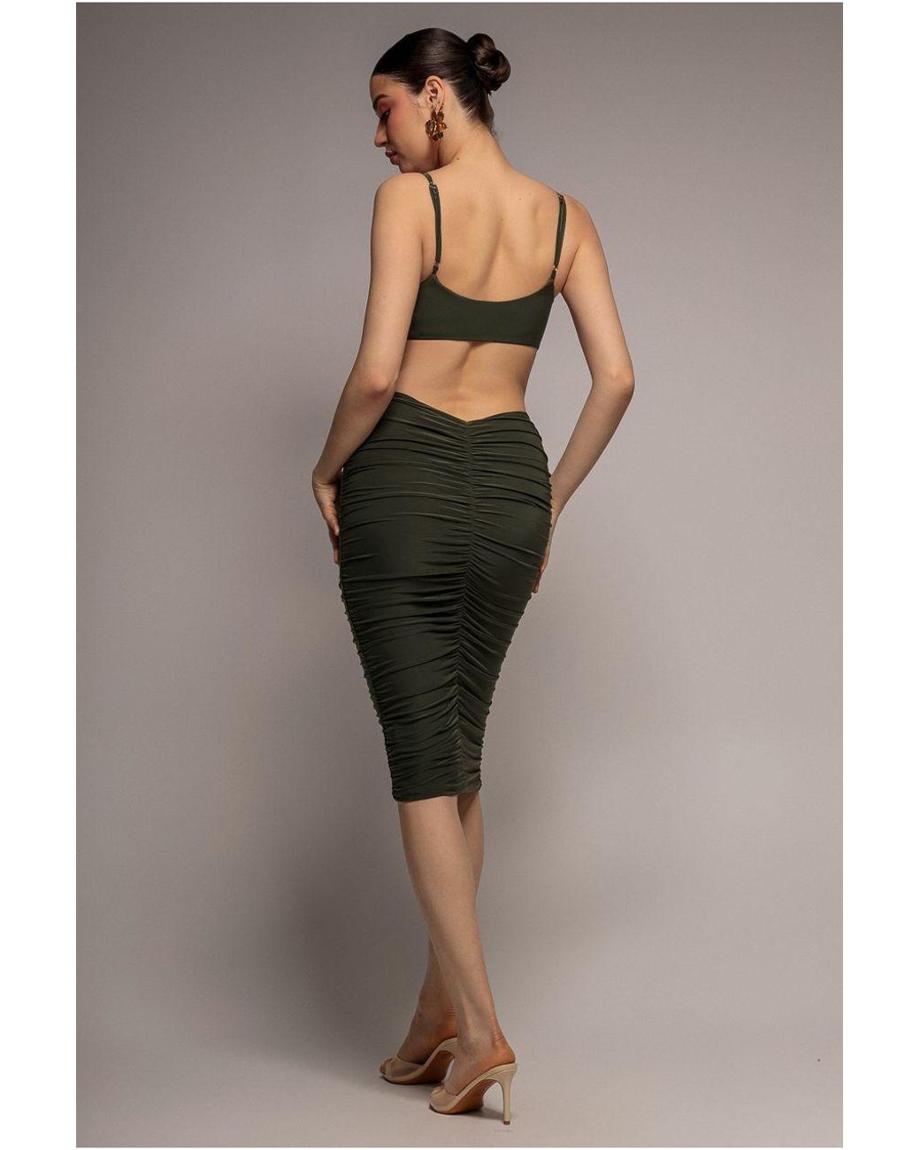 Goddiva Green Cut Out Ruched Bodycon Midi Dress