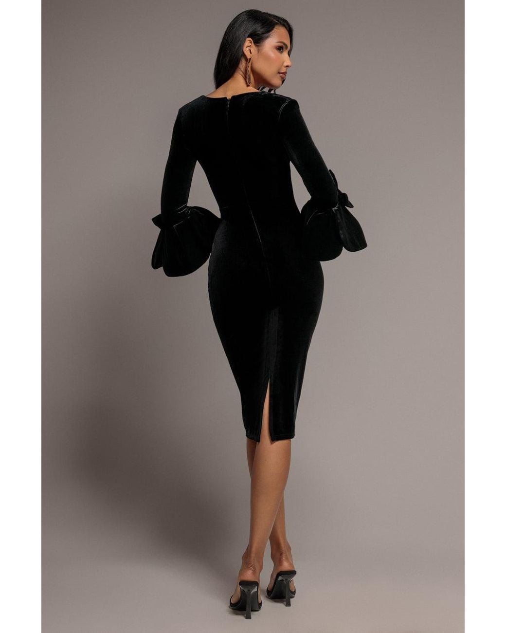 Goddiva Black Petal Bow Sleeve Frill Velvet Midi Dress