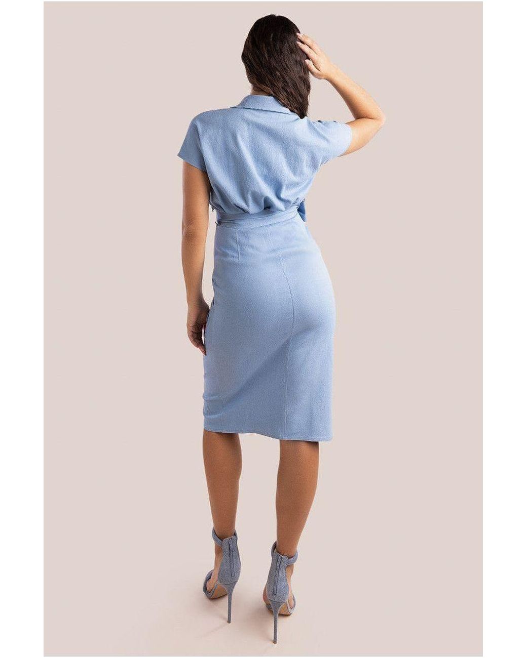 Goddiva Blue Denim Gathered Angel Sleeve Midi Shirt Dress