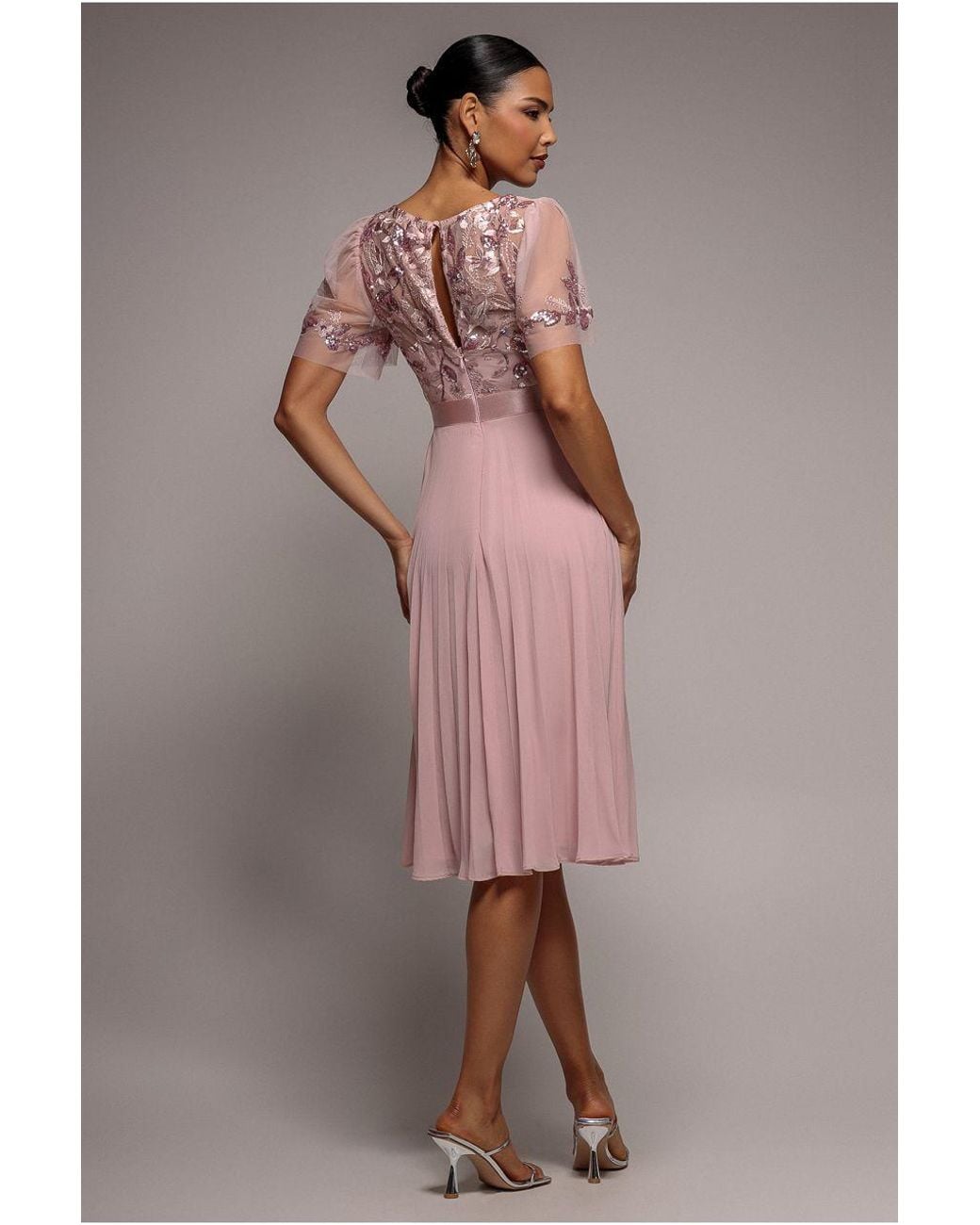 Goddiva Pink Embroidered Top Chiffon Pleated Midi