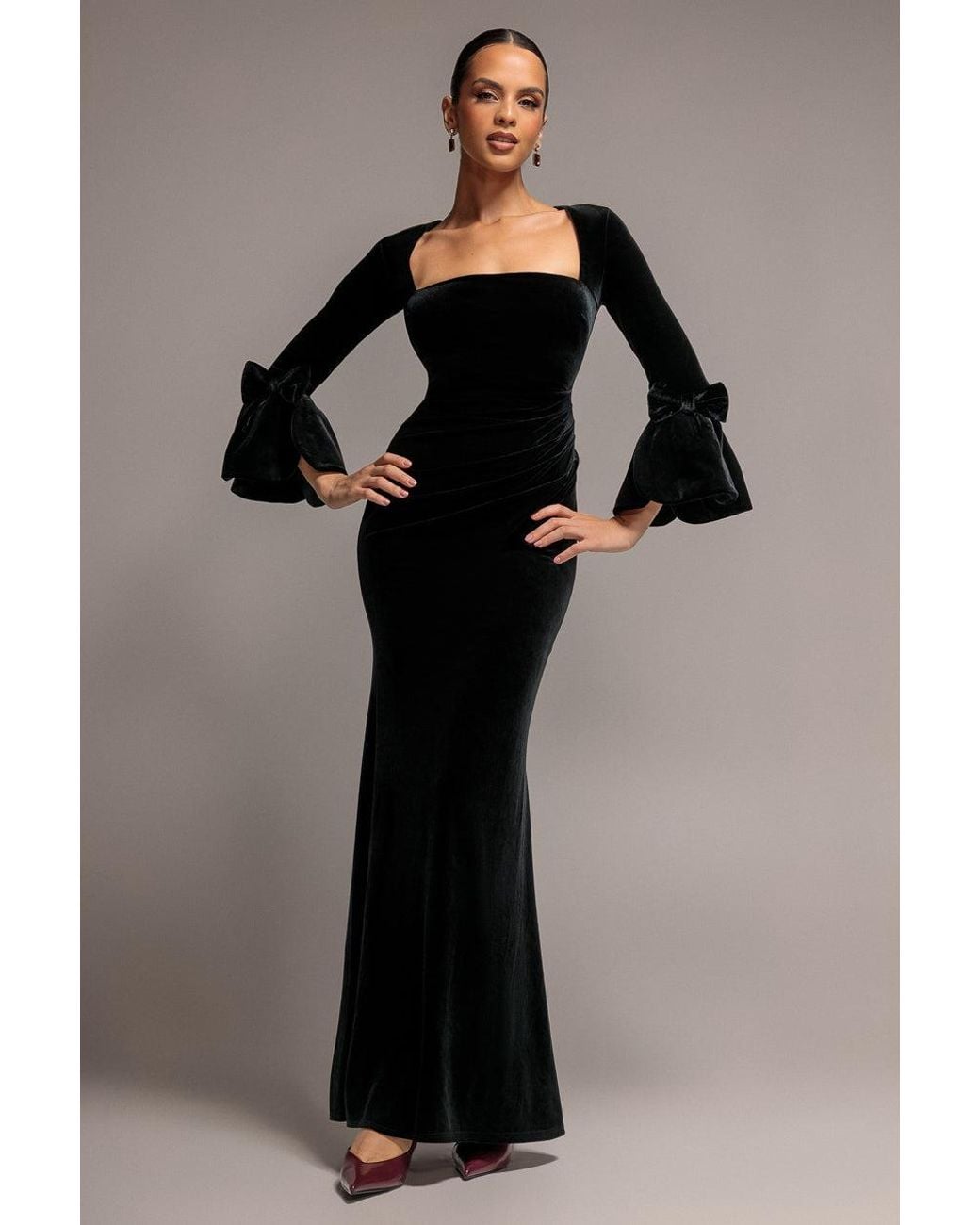 Goddiva Black Petal Bow Sleeve Frill Velvet Maxi Dress