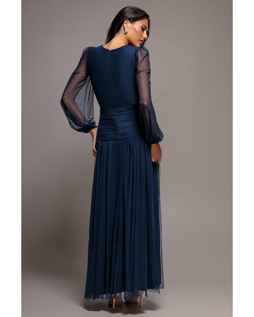 Goddiva Blue Gathered Long Balloon Sleeve A-Line Mesh Maxi Dress