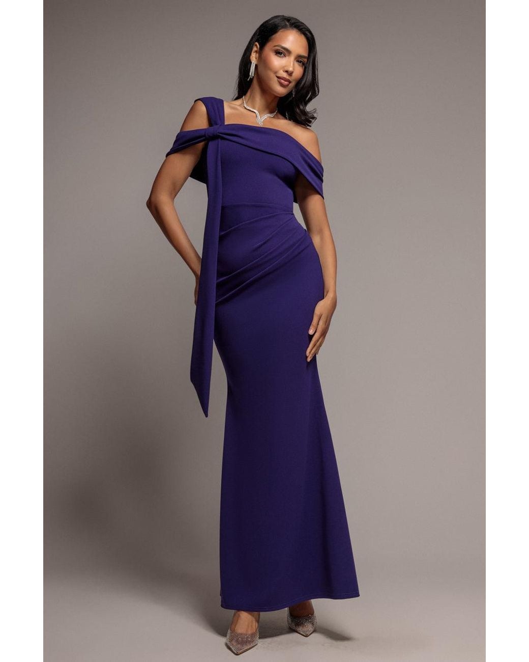 Goddiva Purple One Shoulder Twisted Bardot Asymmetric Mermaid Maxi Dress