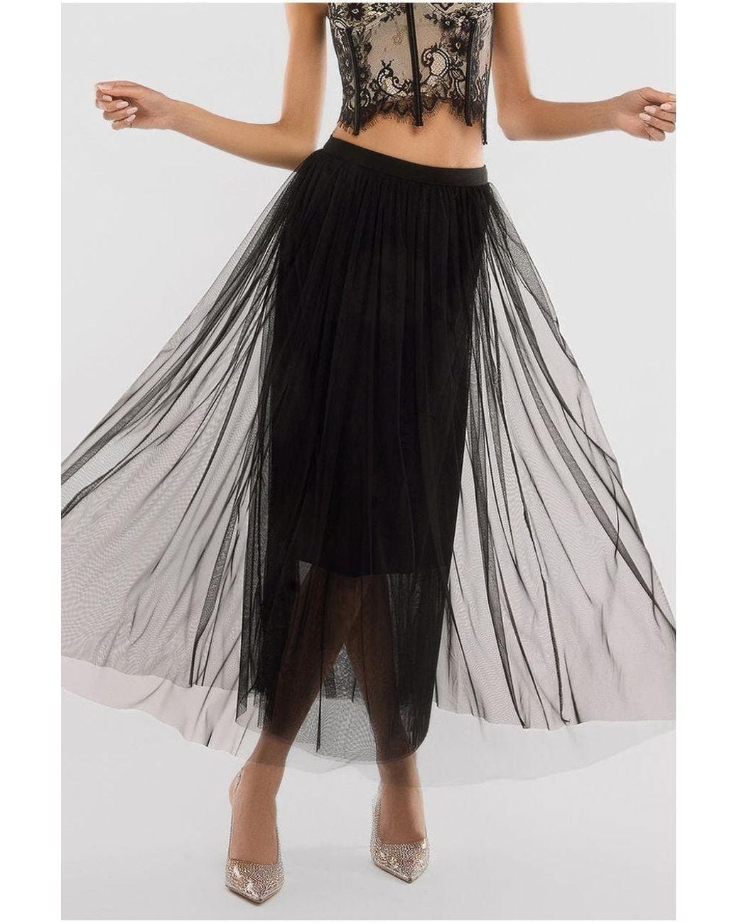Goddiva Black Tulle Gathered Midaxi Skirt