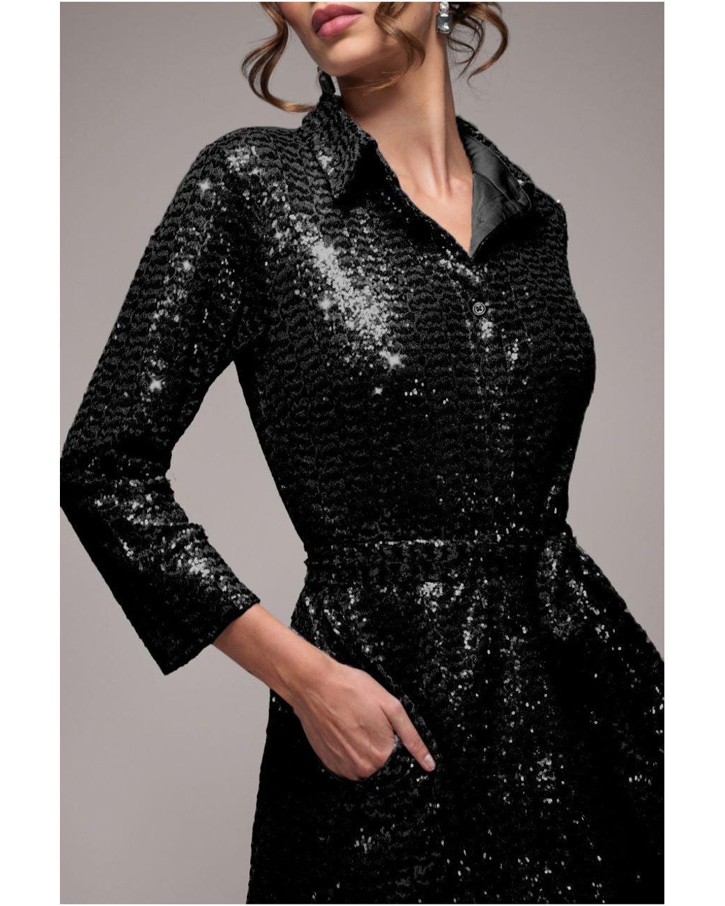 Goddiva Black Sequin Skater Shirt Dress