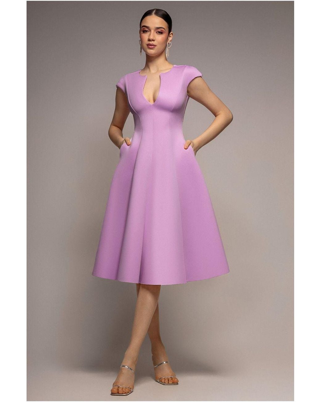 Goddiva Purple Cap Sleeve Plunging V-Neckline A-Line Midi Dress