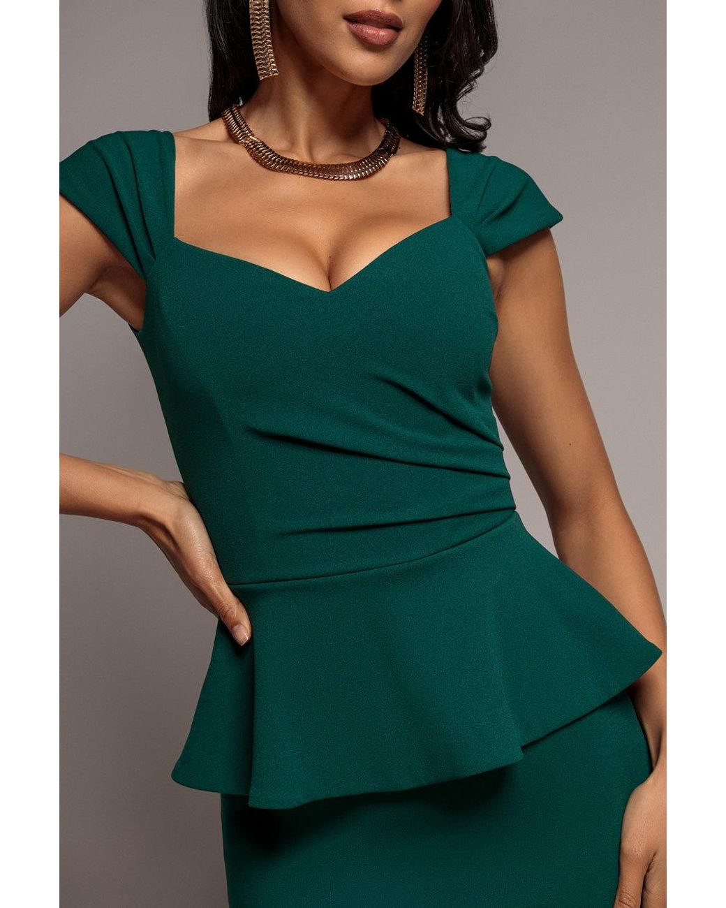 Goddiva Green Cap Sleeve Sweetheart Peplum Scuba Maxi Dress