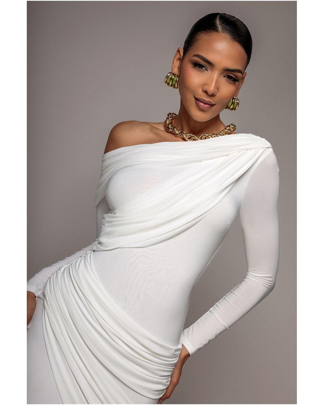 Goddiva Gray Off Shoulder Gathered Panel Soft Touch Maxi Dress