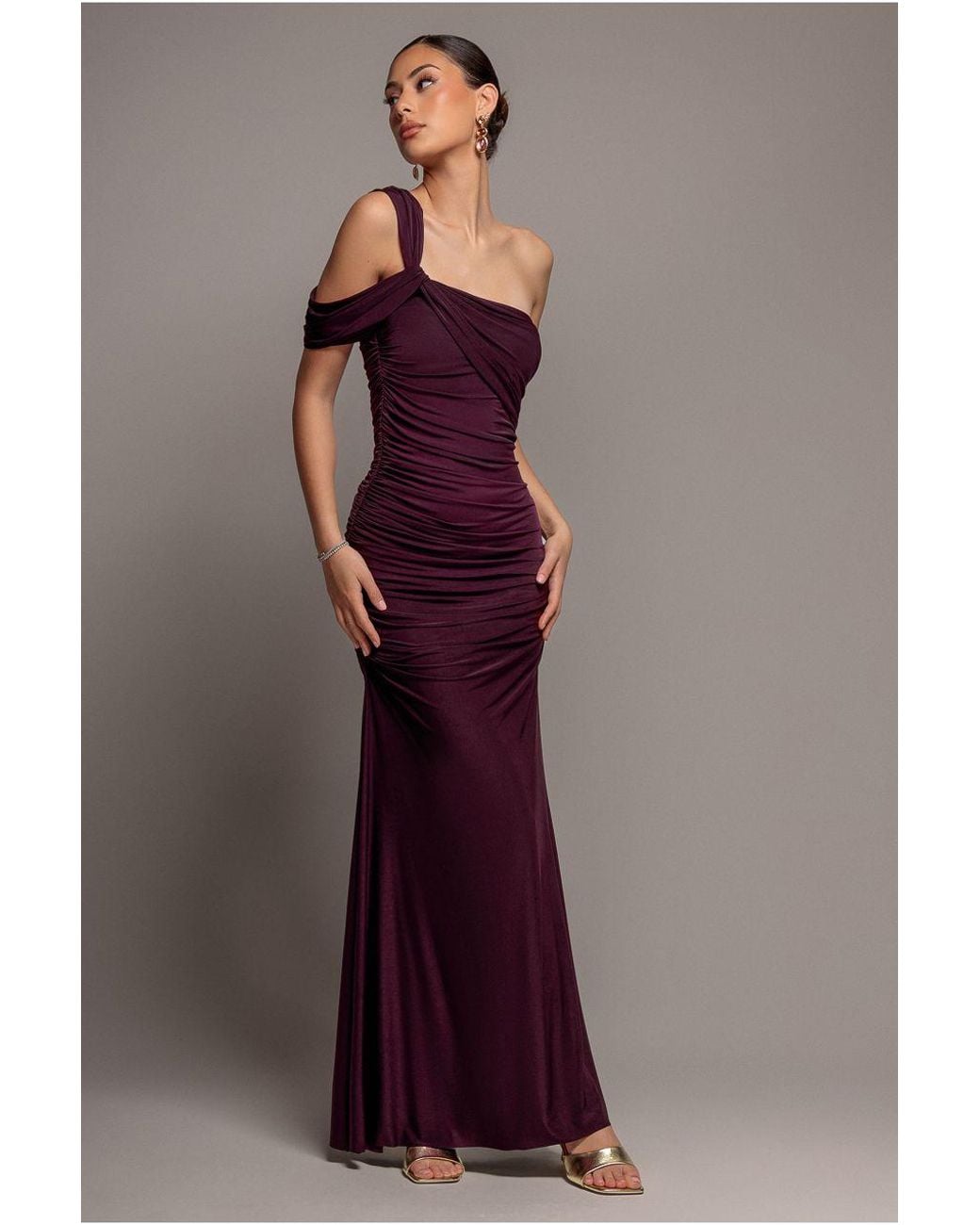 Goddiva Brown One Shoulder Asymmetric Twist Maxi Dress