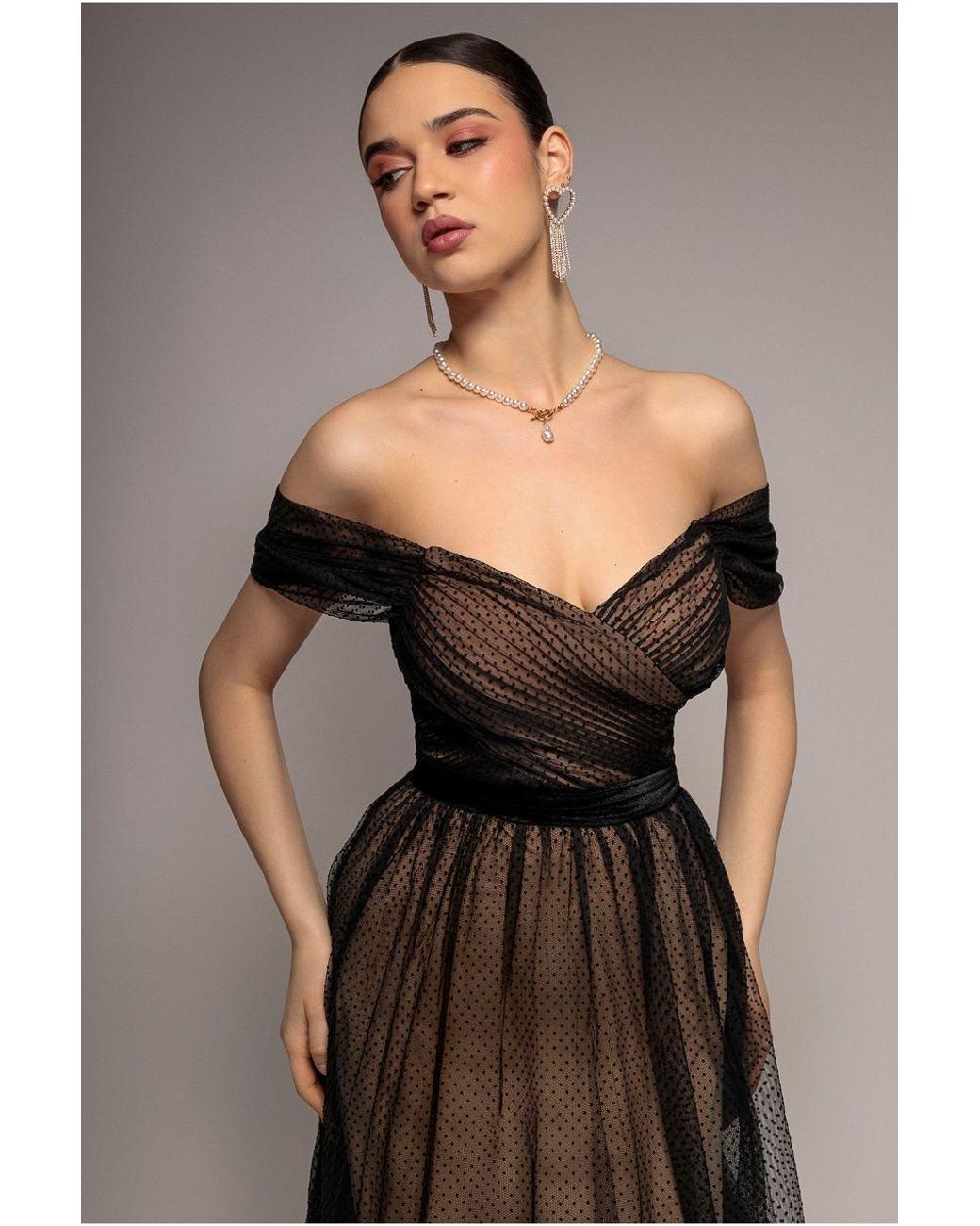 Goddiva Black Dobby Mesh Off The Shoulder Princess Maxi Dress