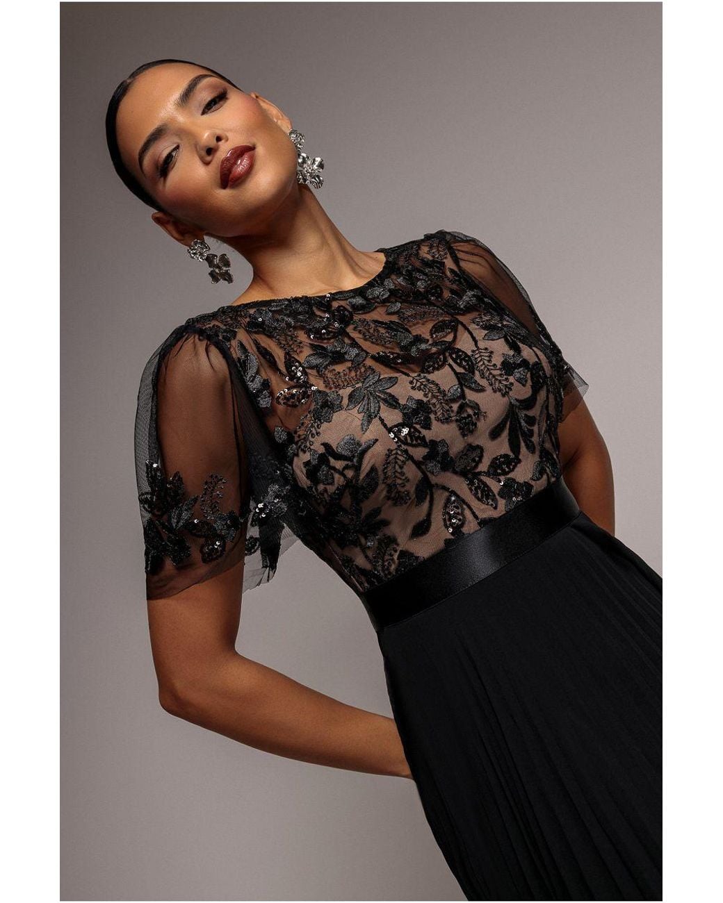 Goddiva Black Embroidered Top Chiffon Pleated Midi