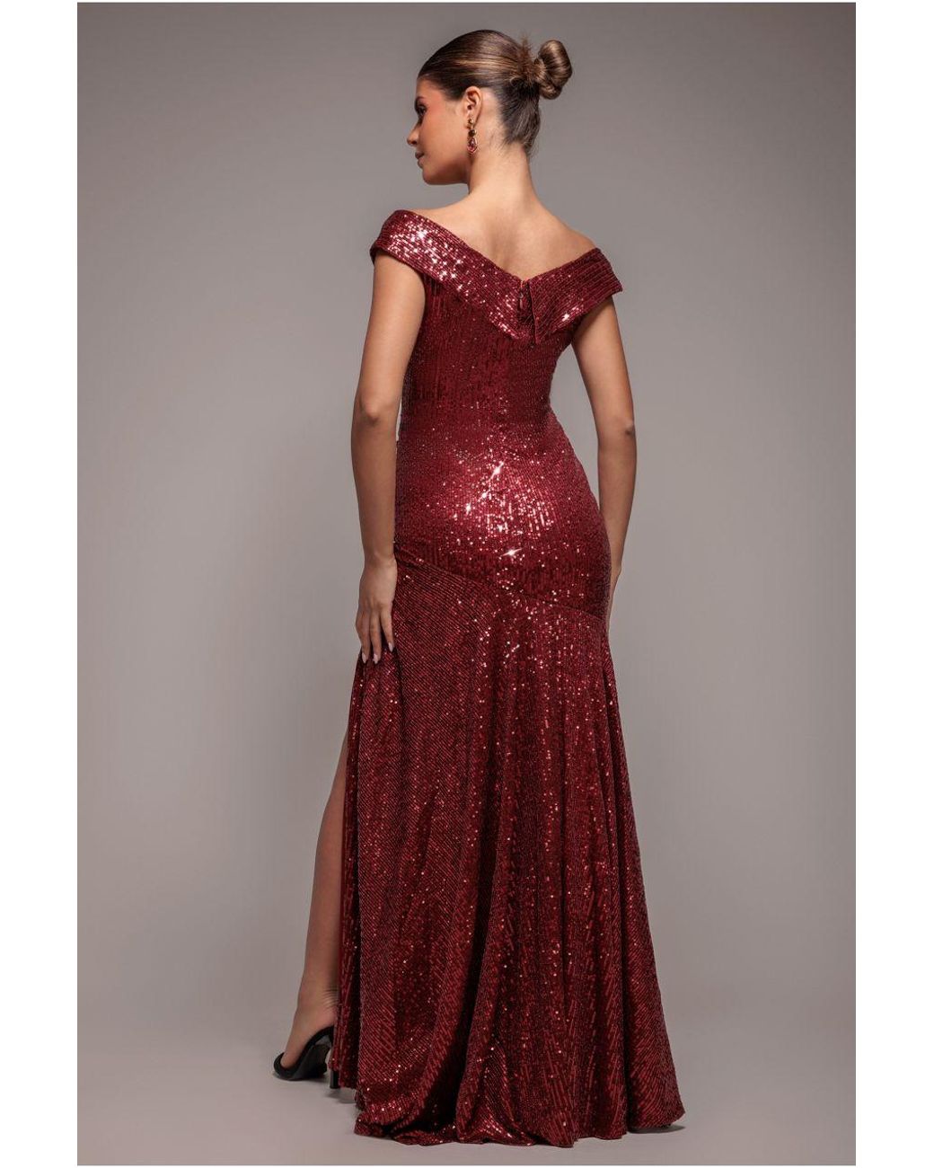 Goddiva Red Bardot Sequin Pleated Maxi Dress