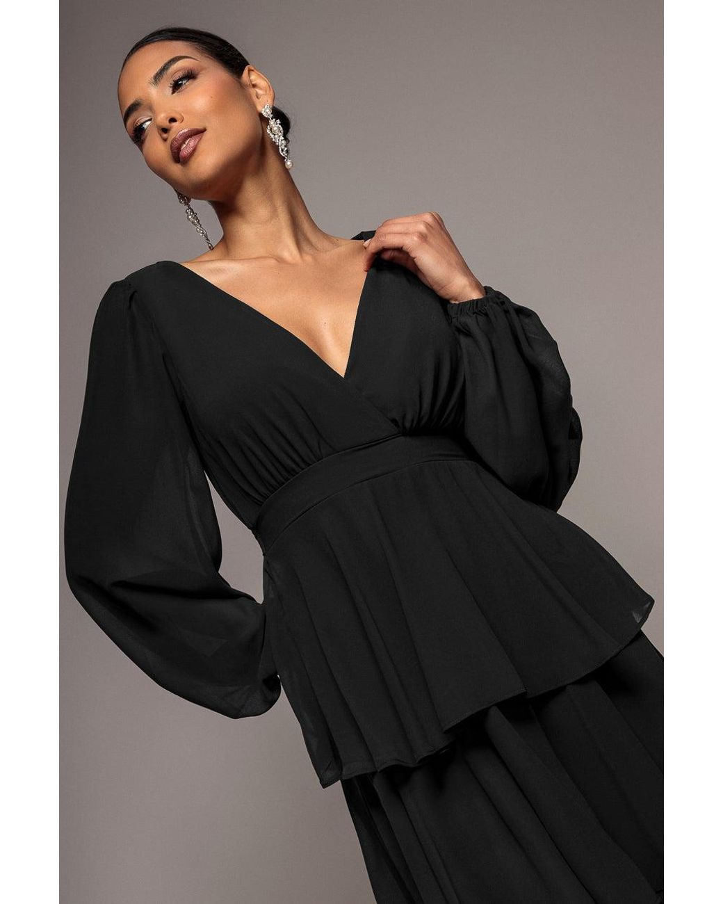 Goddiva Black Tiered Chiffon Wrap Midi Dress