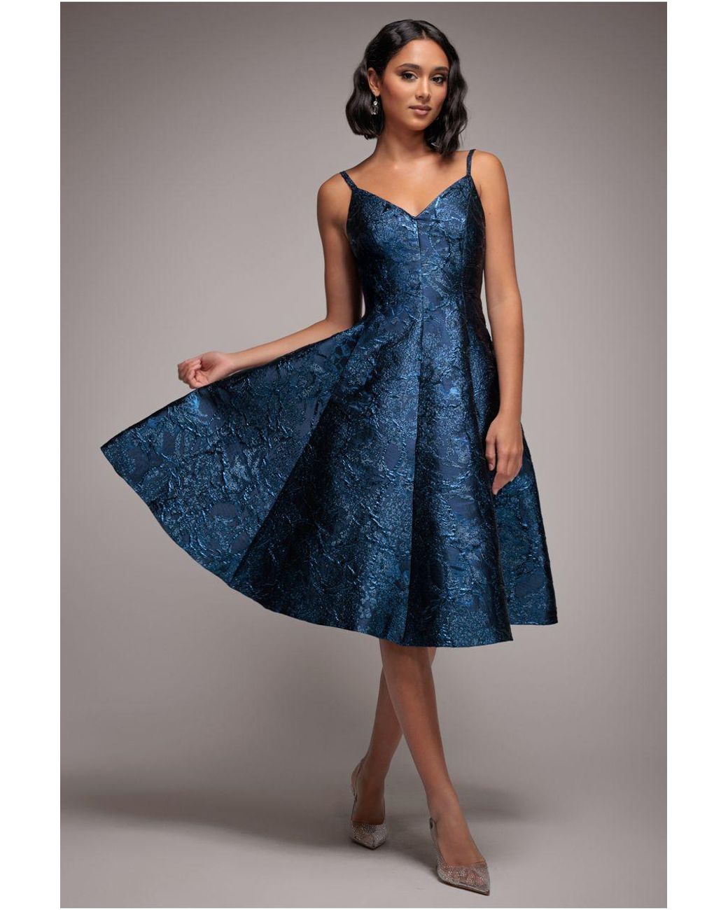 Goddiva Blue Jacquard Sleeveless A-Line Midi Dress