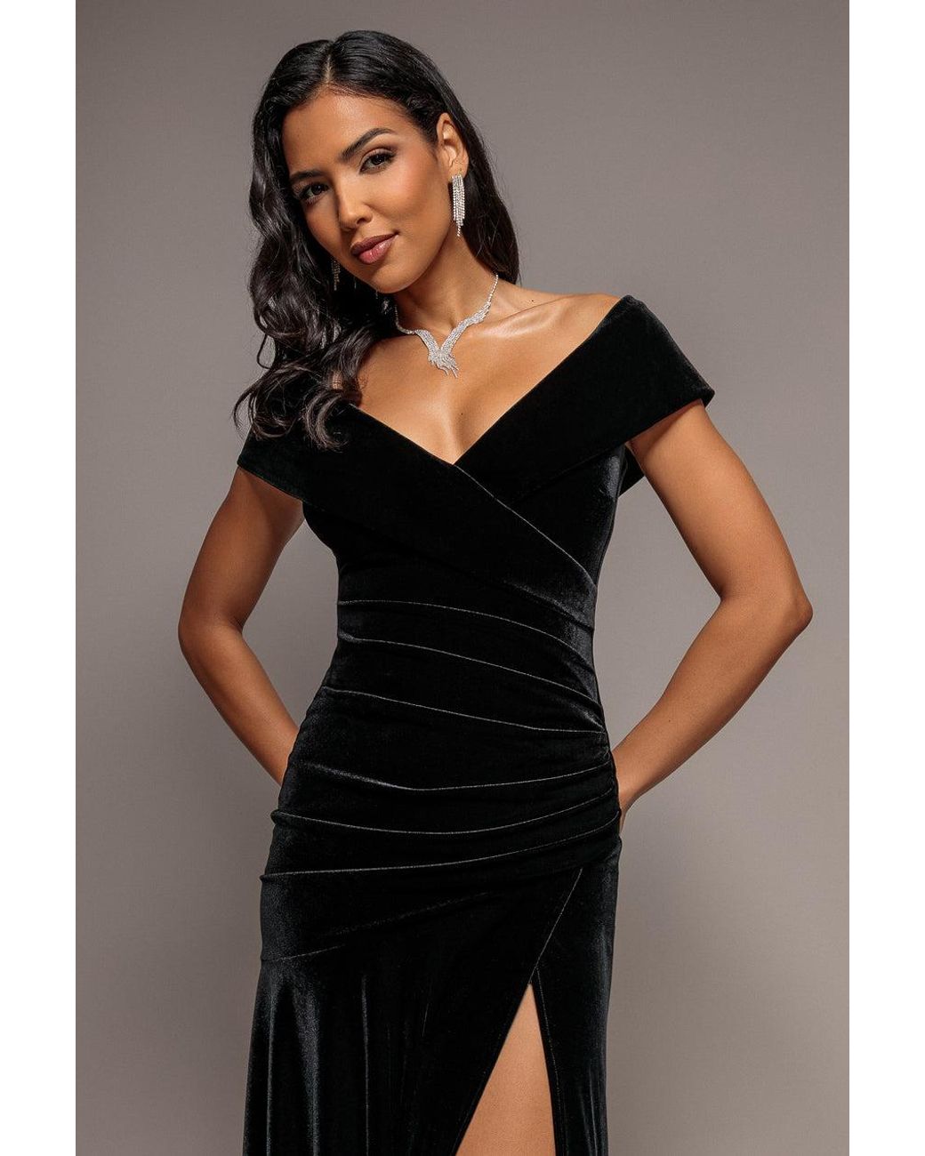 Goddiva Black Velvet Off Shoulder Pleated A Line Maxi Dress