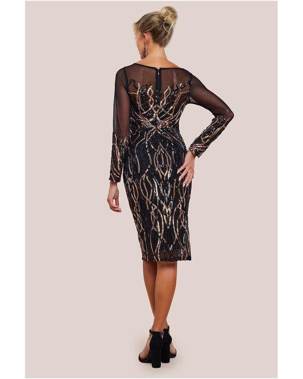 Goddiva Black Long Sleeve Sequin Flame Midi Dress