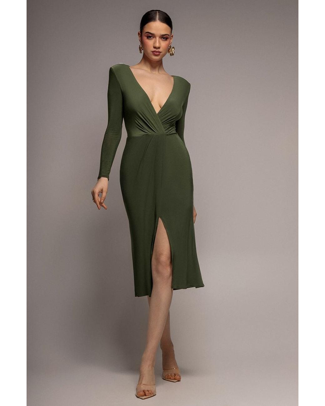 Goddiva Green Front Crossover Split Midi Dress